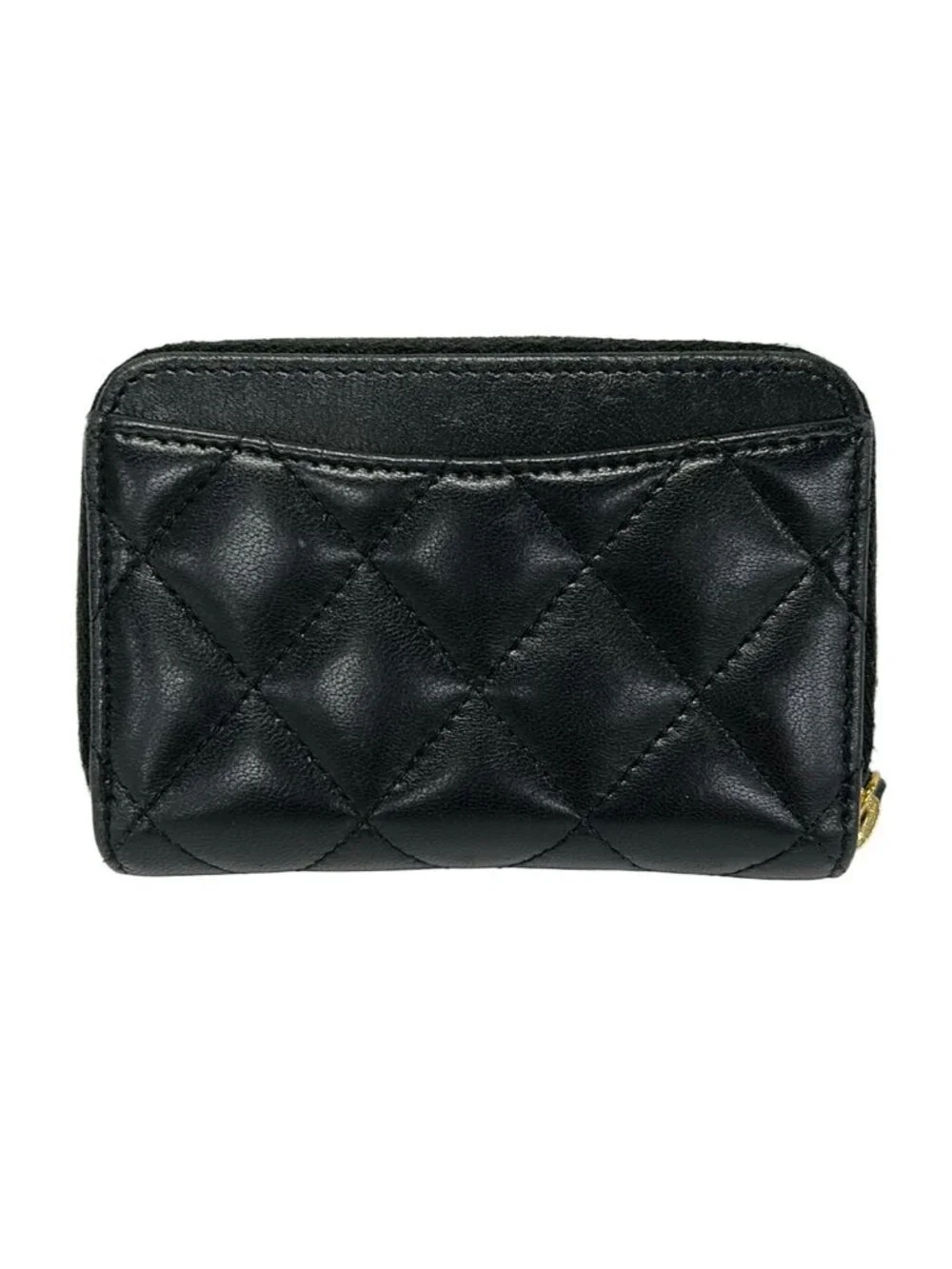 Chanel Coin Purse Quilted Black Zip Around Gold Lambskin